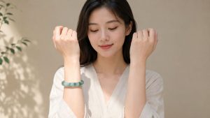 Người phụ nữ so sánh đeo vòng ngọc phỉ thúy ở tay trái và tay phải