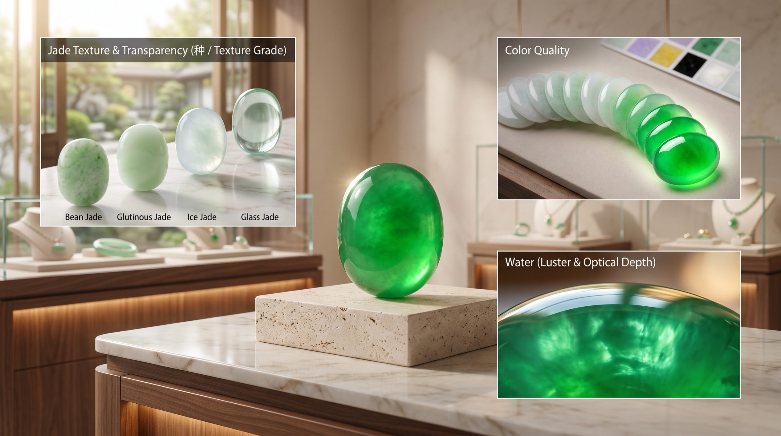 Ngọc Hòa Điền và Ngọc Phỉ Thúy: Phân Biệt & Định Giá Từ Chuyên Gia 4 Infographic tiêu chí định giá ngọc phỉ thúy gồm chủng từ hạt đậu đến thủy tinh, thang màu sắc và độ lên nước